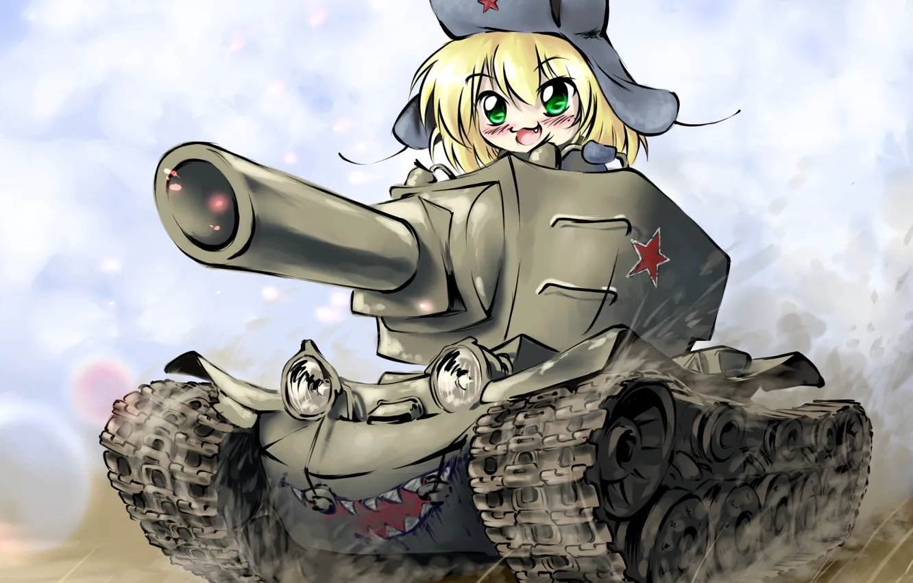 Фото обои девушка, танк, Арт, chibi, kv-2