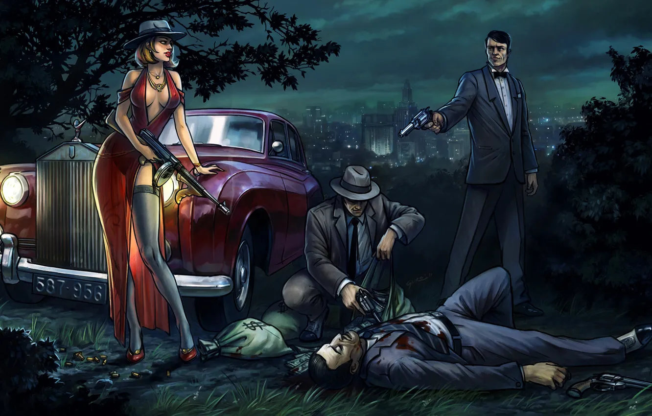 Фото обои машина, девушка, ночь, оружие, мужики, мафия, Mafia