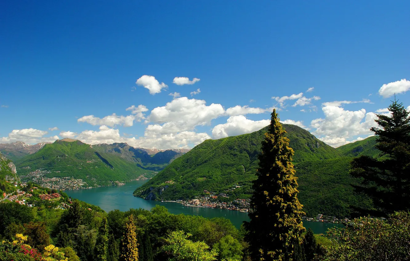 Фото обои небо, облака, горы, озеро, Швейцария, Лугано
