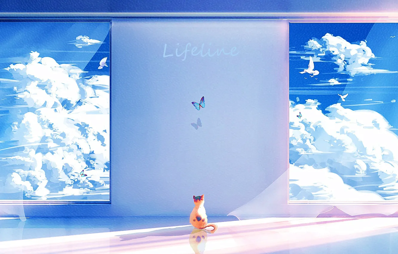 Фото обои небо, облака, птицы, котенок, бабочка, Lifeline