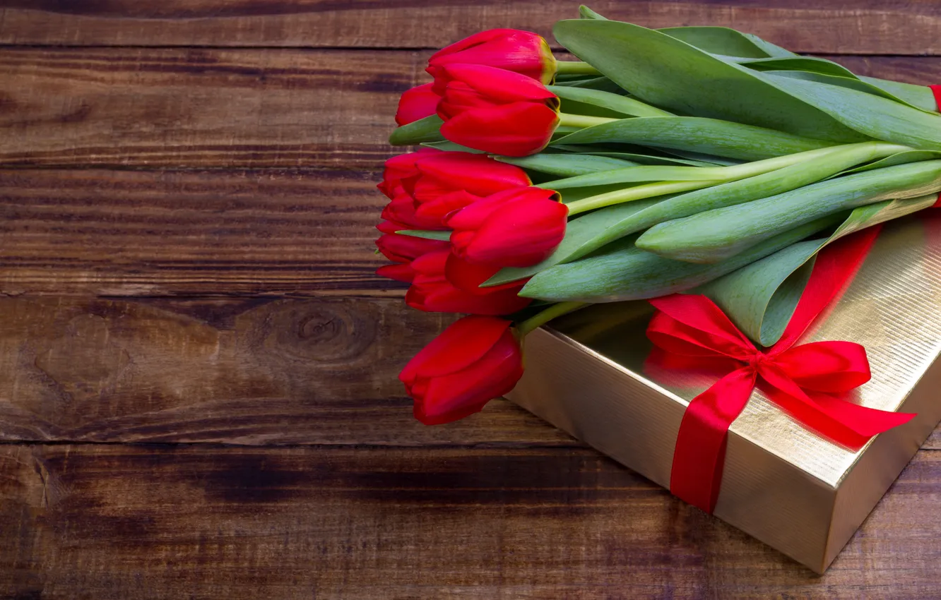 Фото обои любовь, цветы, подарок, букет, лента, тюльпаны, красные, red