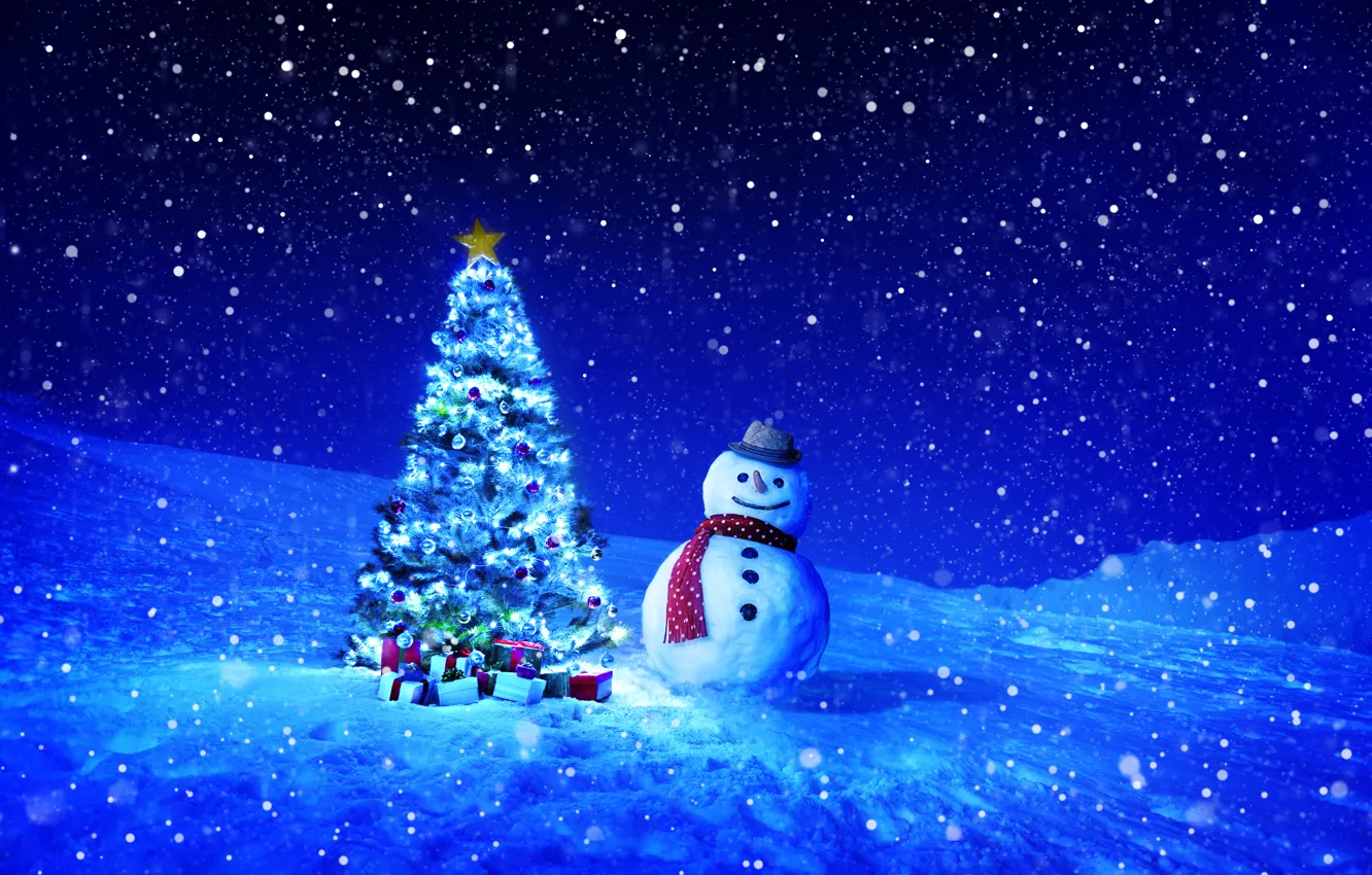 Фото обои зима, снег, снежинки, ночь, праздник, игрушки, елка, подарки