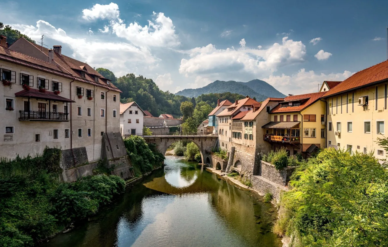 Фото обои пейзаж, горы, мост, река, дома, арка