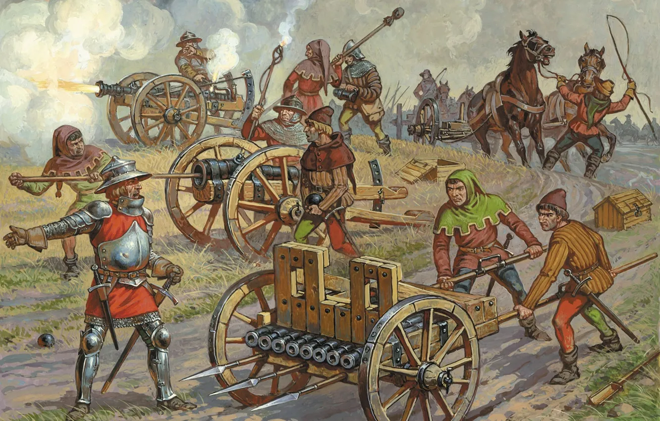 Фото обои война, рисунок, арт, упряжка, мешки, ведра, передок, артиллерия