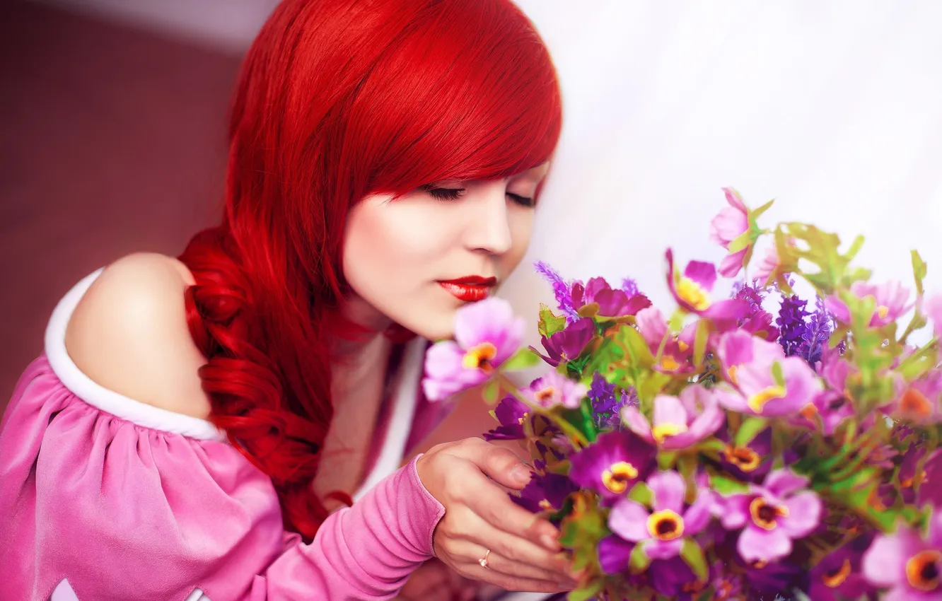 Фото обои цветы, Девушка, рыжая, girl