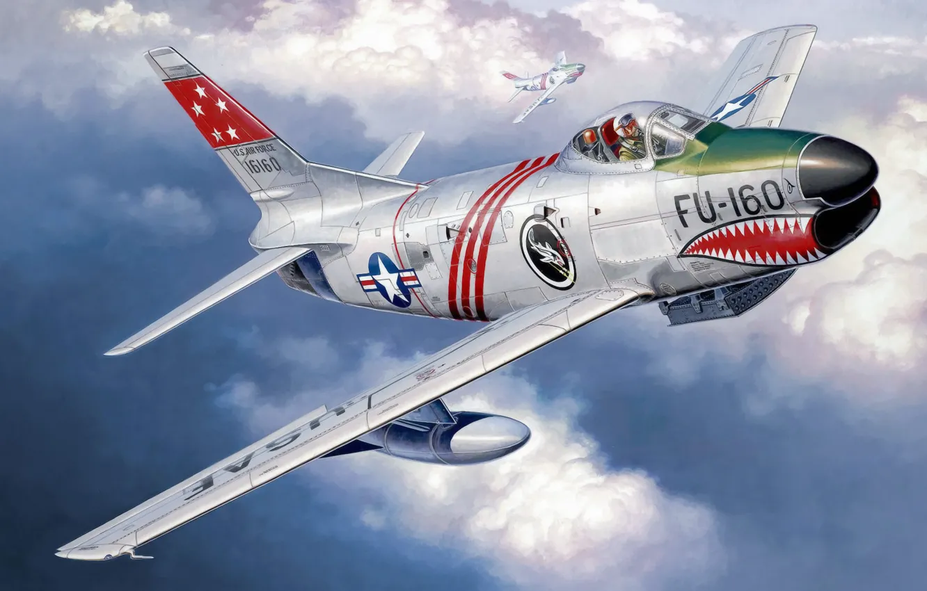 Фото обои war, art, airplane, painting, aviation, jet, ww2, North American F-86D Sabre