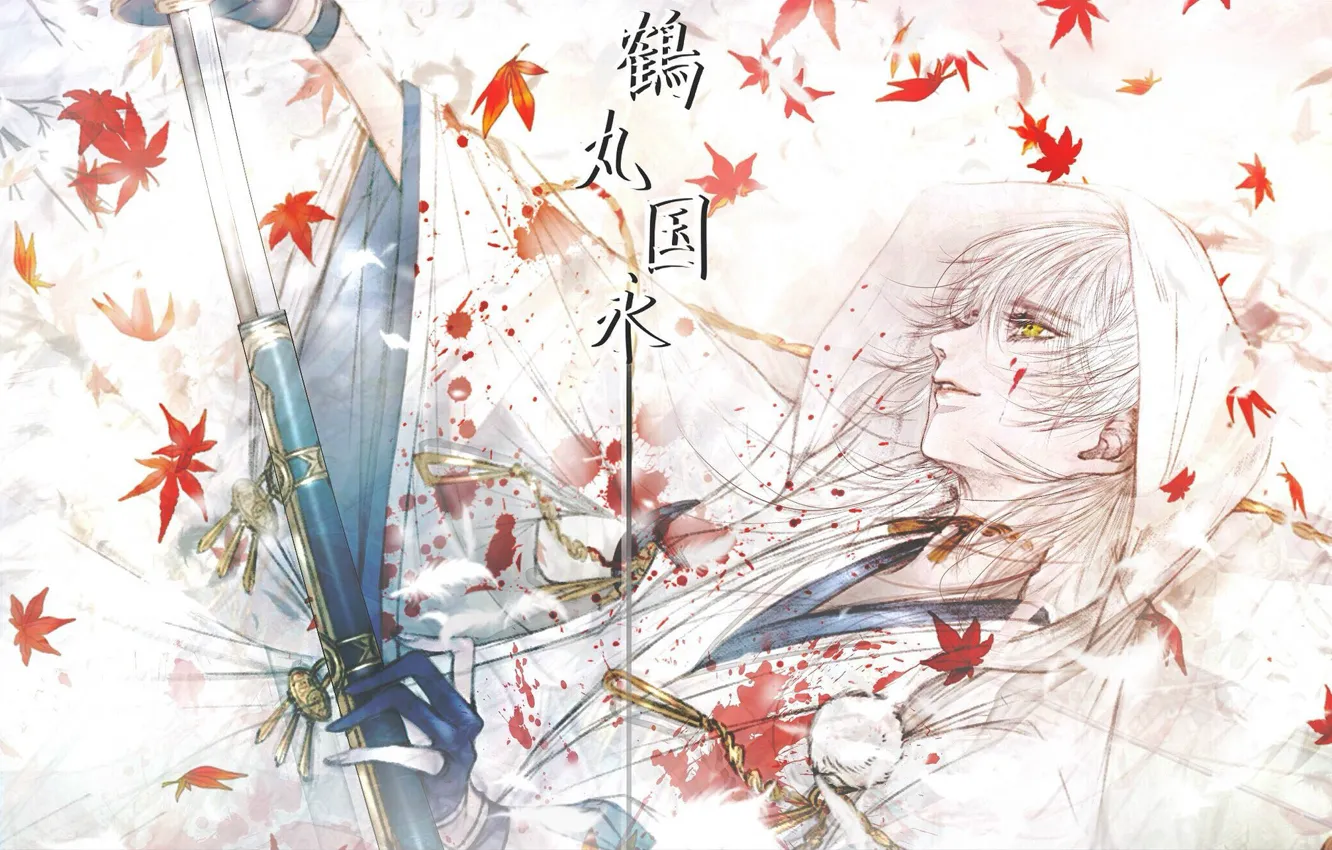 Фото обои кровь, катана, самурай, иероглифы, перчатки, парень, белые волосы, японская одежда