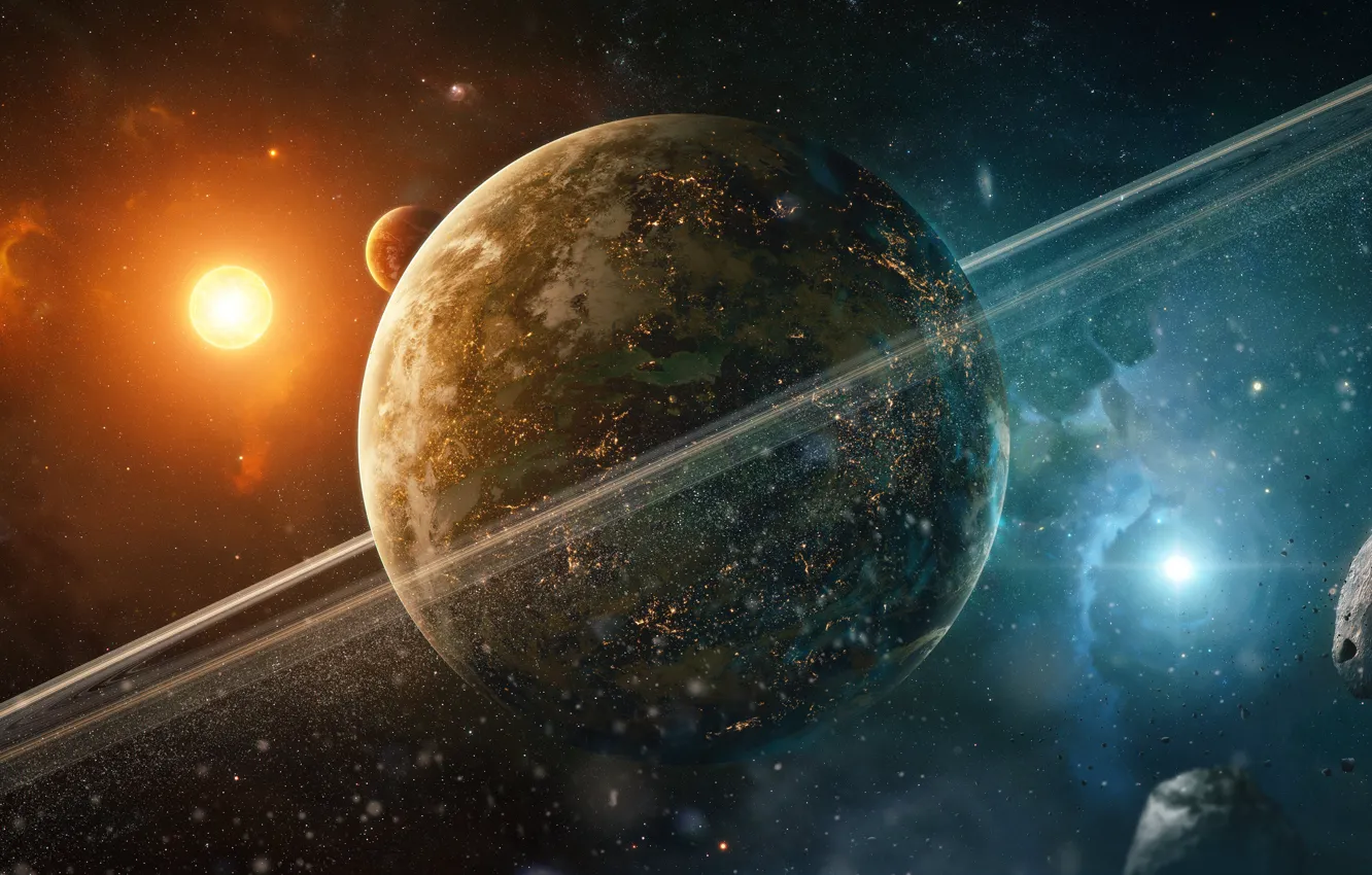 Фото обои Галактика, Звезды, Планета, Космос, Туманность, Звезда, Планеты, Planets