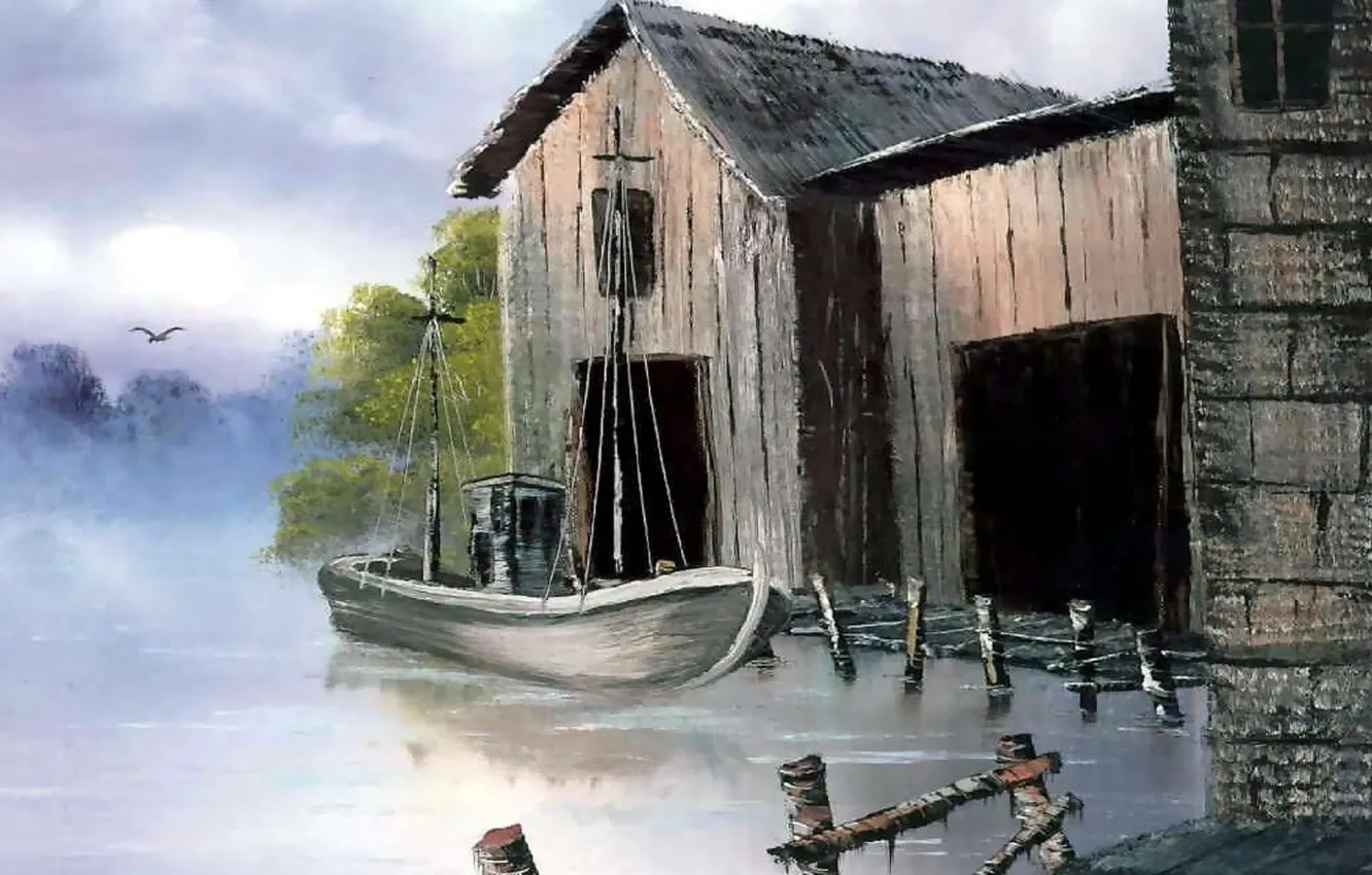 Фото обои вода, река, птица, берег, лодка, здание, картина, живопись