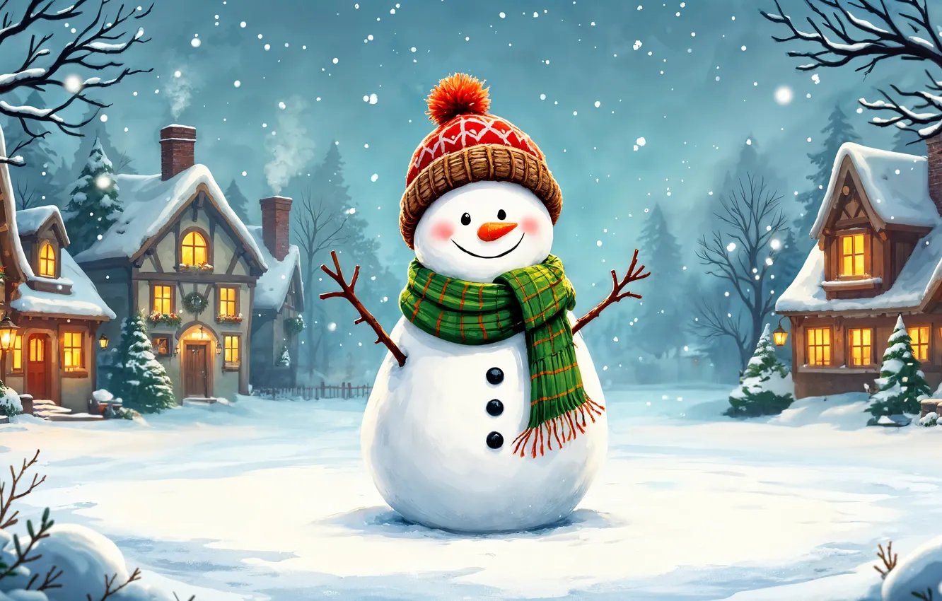 Фото обои зима, снег, украшения, Рождество, Новый год, снеговик, happy, Christmas