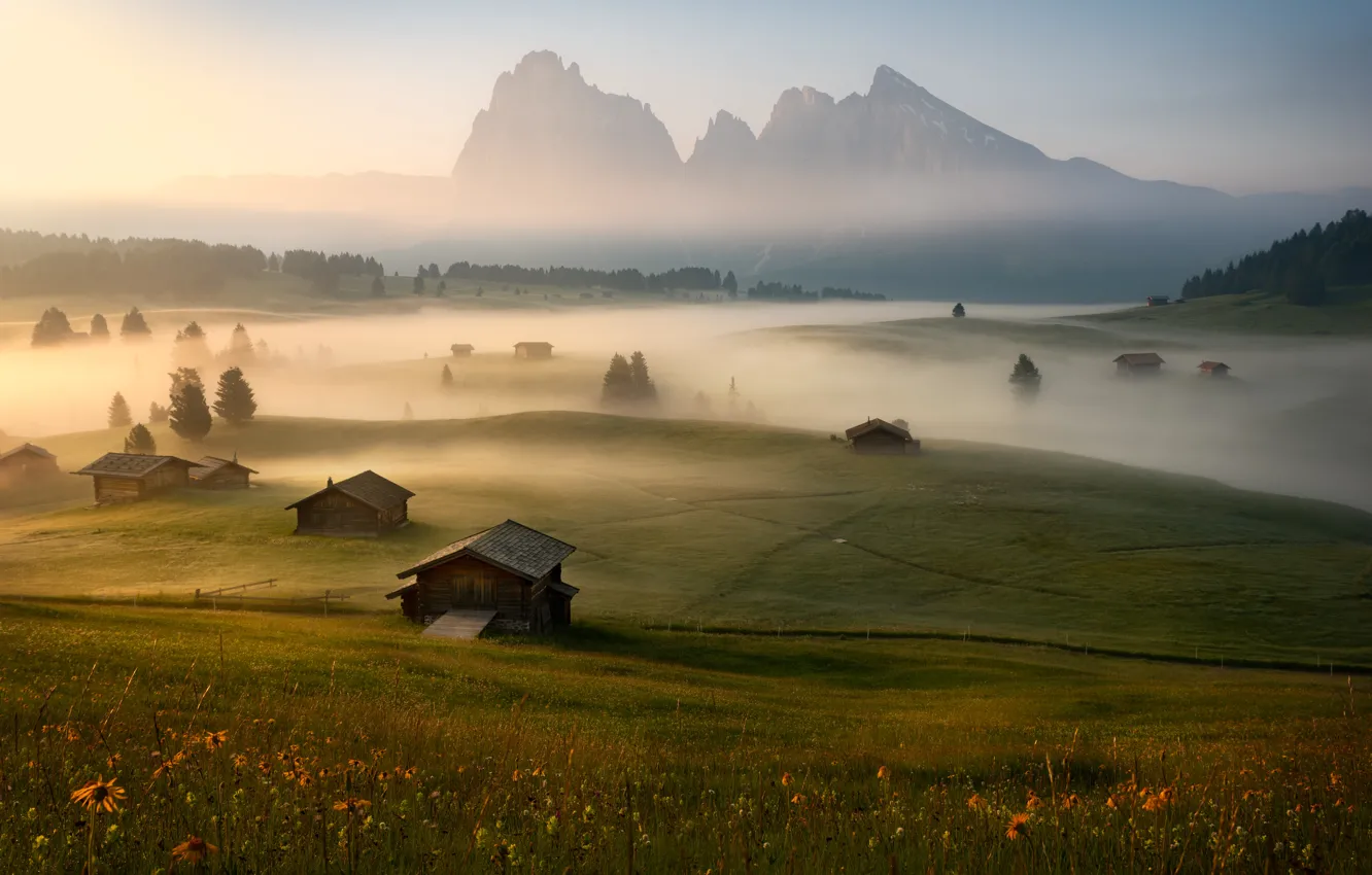 Фото обои туман, утро, деревня, Альпы, домики