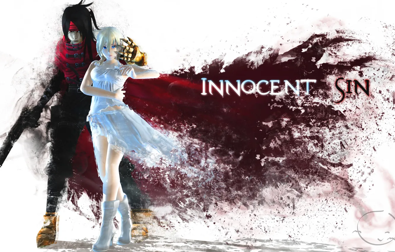 Фото обои девушка, оружие, арт, парень, плащ, final fantasy, kingdom hearts, monty oum