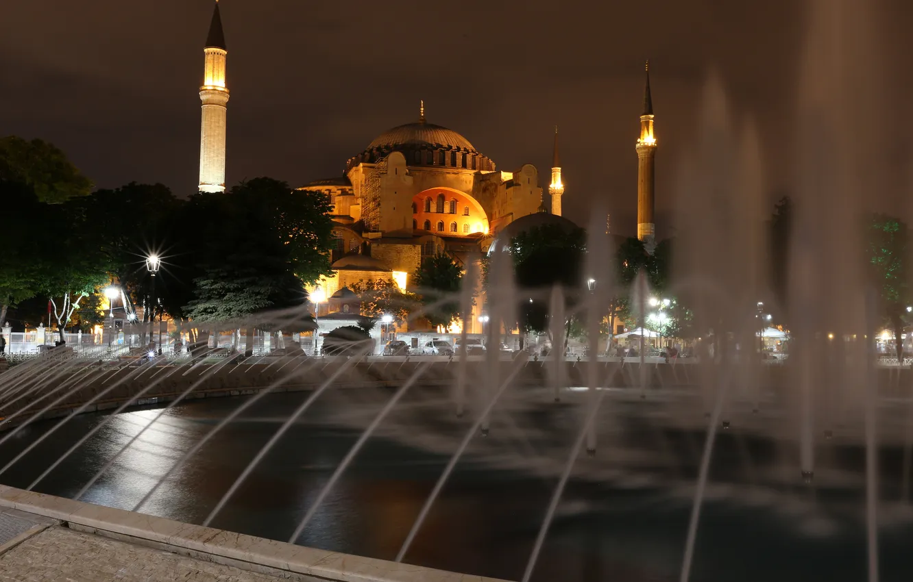 Фото обои ночь, огни, собор, фонтан, мечеть, Стамбул, Турция, минарет