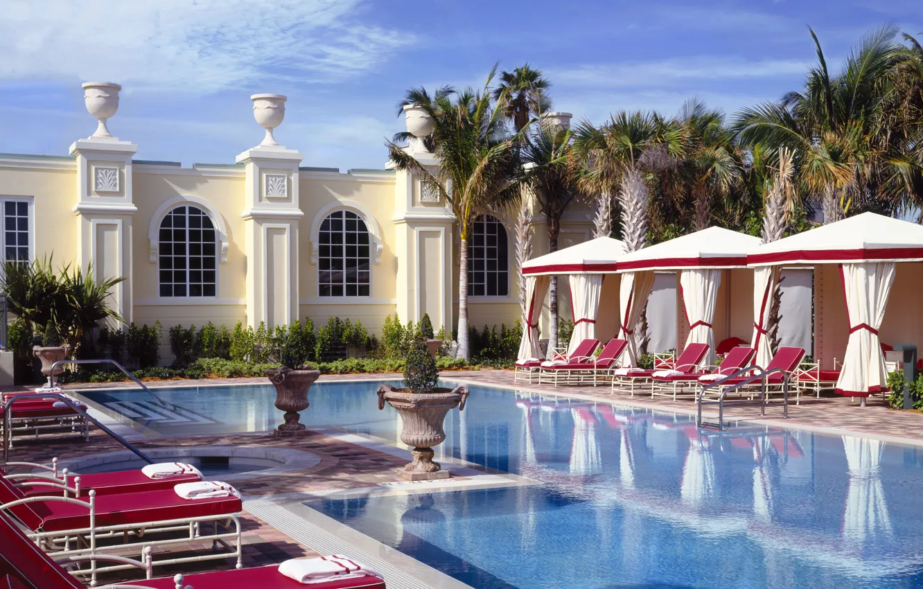 Фото обои пальмы, вилла, бассейн, архитектура, терраса