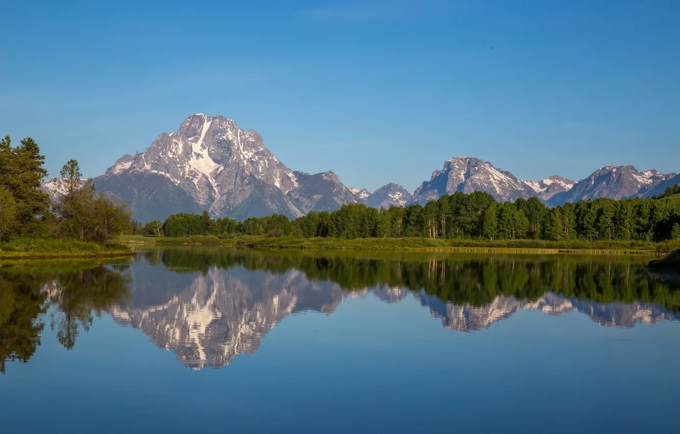 Фото обои лес, горы, отражение, река, вершины, Вайоминг, Wyoming, Grand Teton National Park