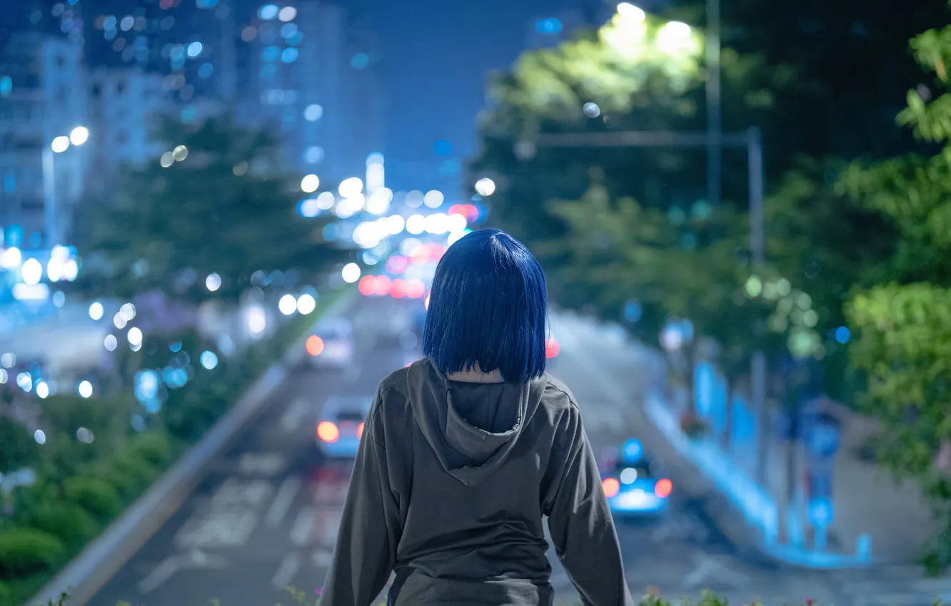 Фото обои Asian, Model, Lights, Night, Woman, Back, Road, Trees
