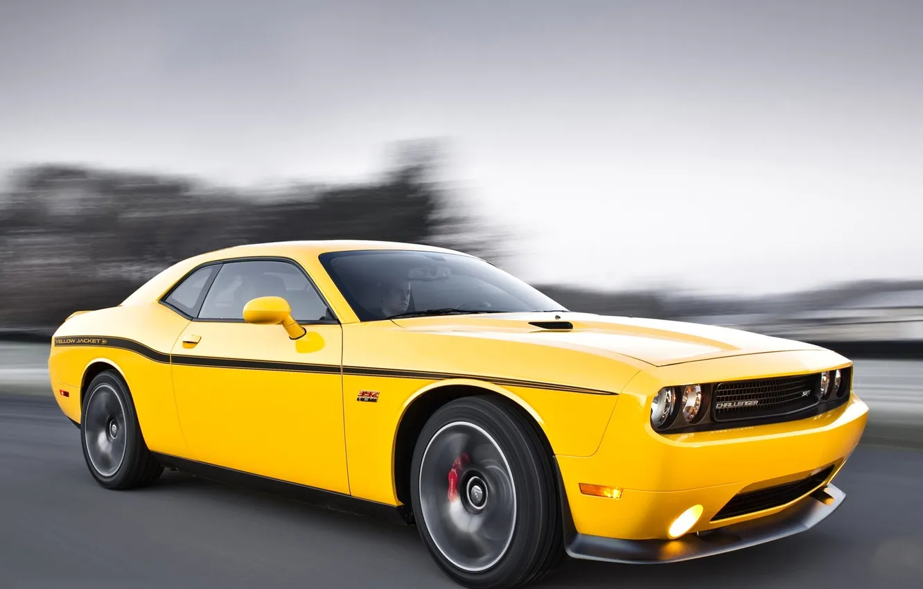 Фото обои желтый, скорость, Dodge, SRT8, Challenger, мускул кар, додж, muscle car
