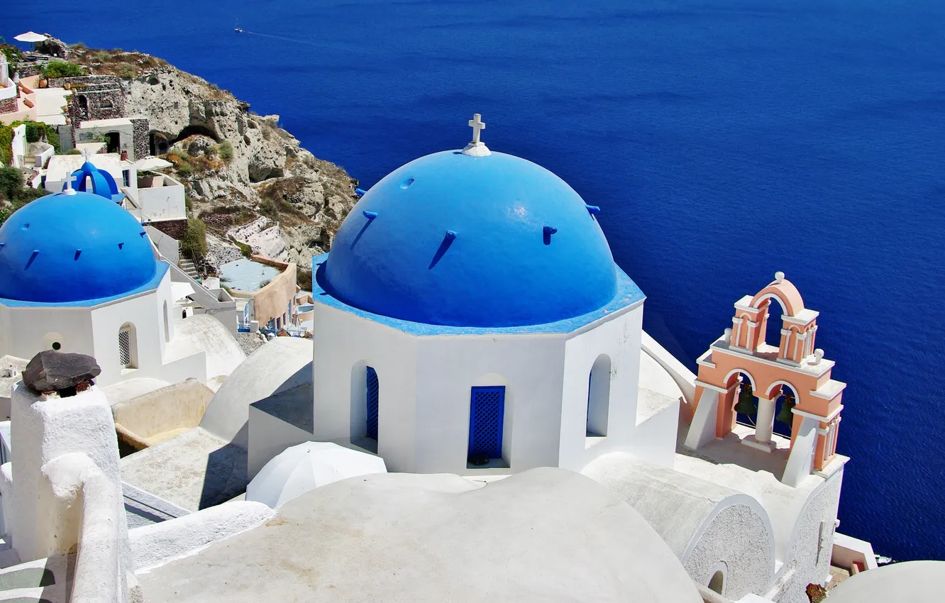 Фото обои море, Санторини, Греция, церковь, купола, Santorini, Oia, Greece