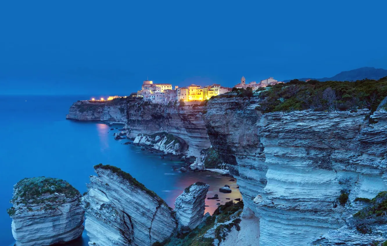 Фото обои lights, twilight, sea, landscape, nature, night, France, houses