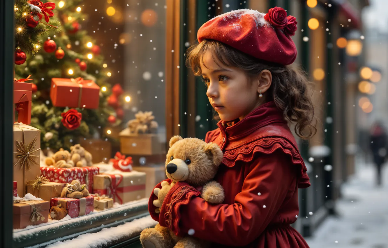 Фото обои Christmas, Christmas gifts, Christmas Eve, Christmas decoration, Cute, Cute Girl, Snowfall, Celebrations