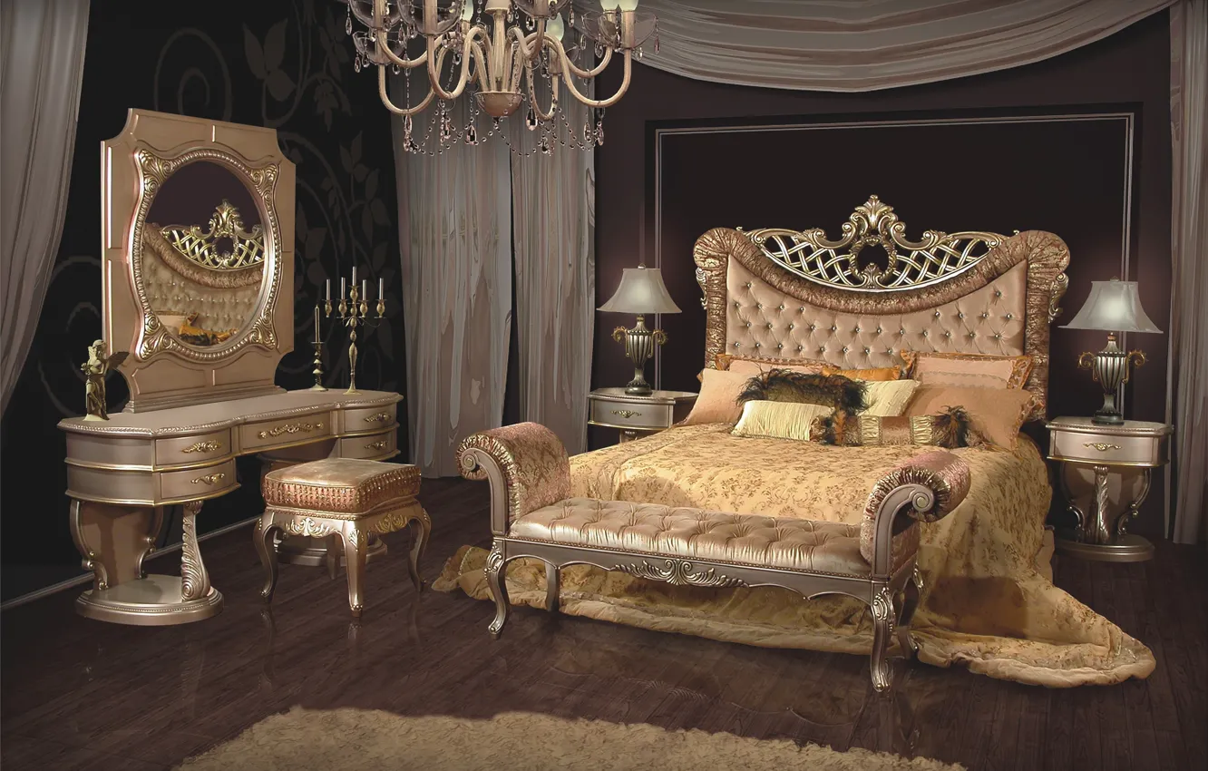 Фото обои комната, кровать, зеркало, роскошь, спальня