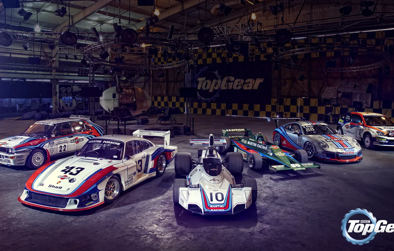 Фото обои Top Gear, Porsche 935/78 “Moby Dick”, Brabham BT44, Porsche 911 GT3 Cup, Ford Focus WRC, …