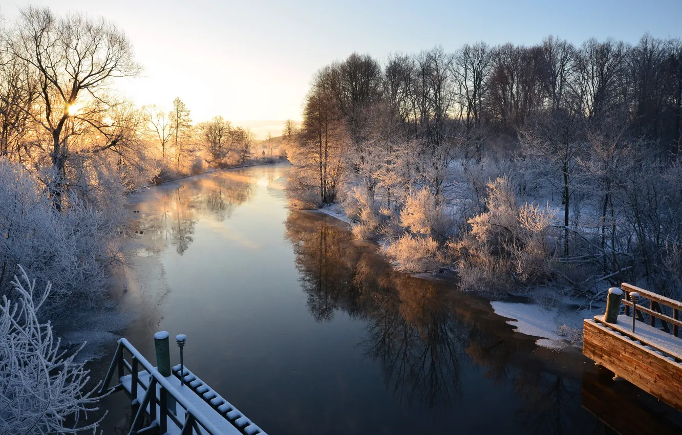 Фото обои зима, река, утро, Швеция