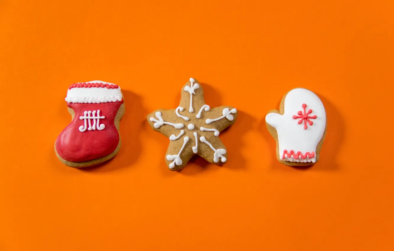 Фото обои зима, праздник, минимализм, носок, печенье, Рождество, три, Новый год
