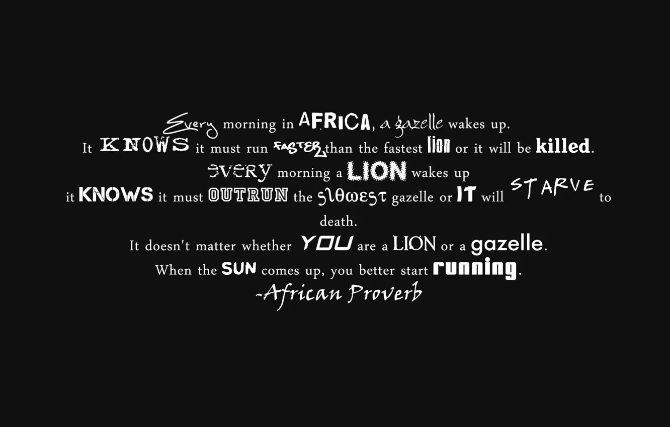 Фото обои буквы, минимализм, лев, слова, фразы, условия выживания, африканская притча, газель