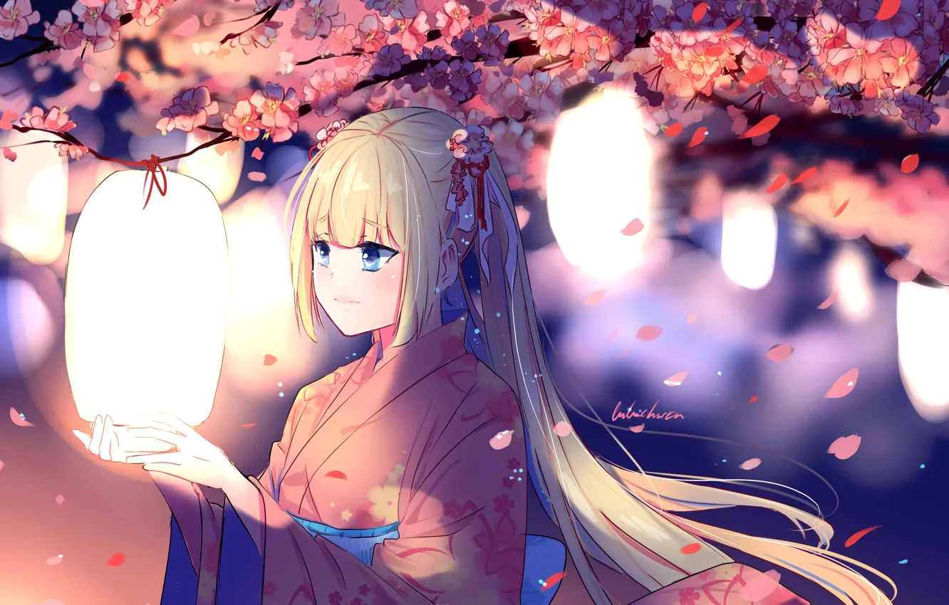 Фото обои ветер, сакура, девочка, кимоно, фонарики, цветение, длинные волосы, art