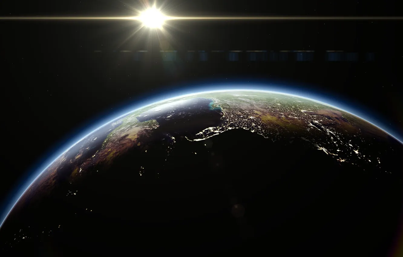 Фото обои космос, огни, восход, земля, планета, earth, space, sun