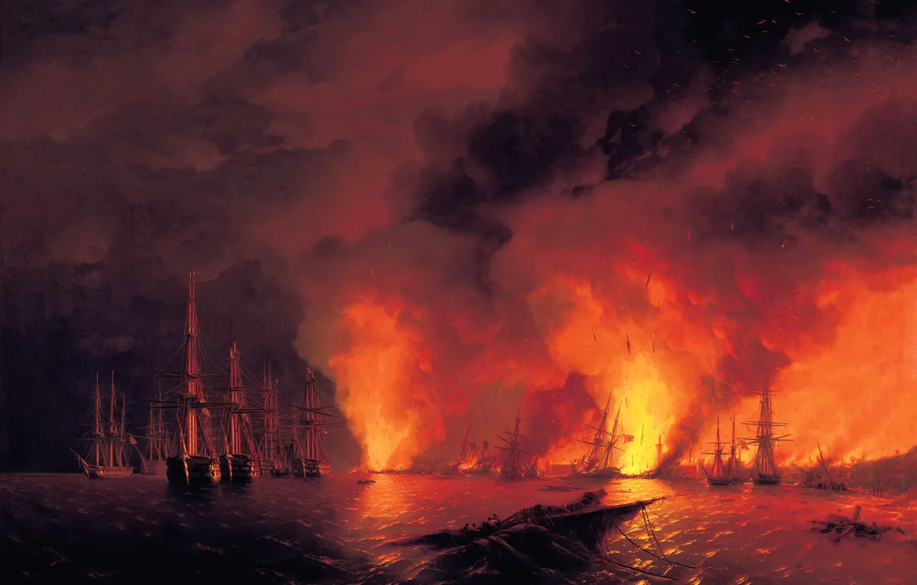 Фото обои море, ночь, корабли, картина, сражение, баталия, жанр, Иван Айвазовский