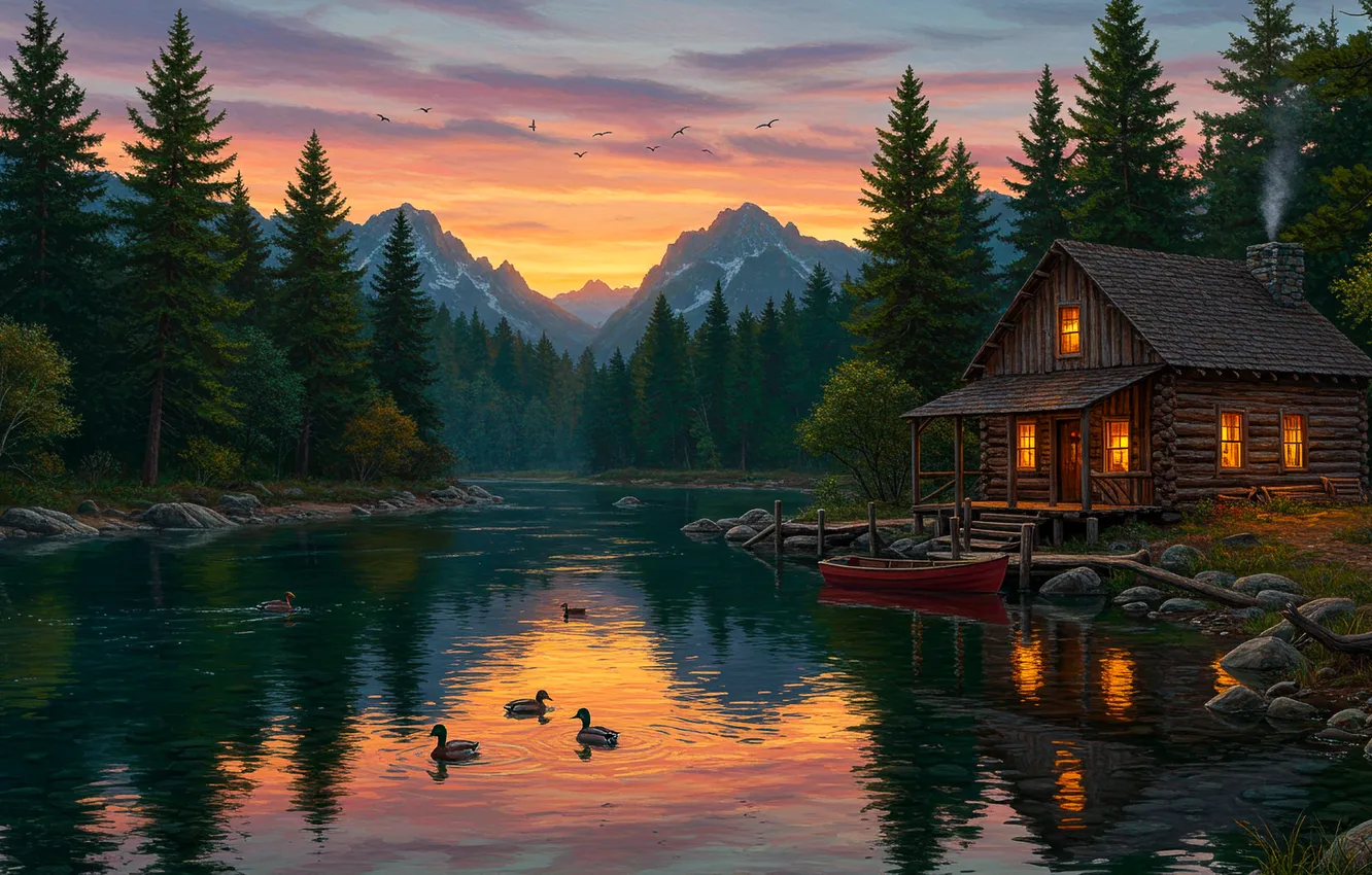 Фото обои закат, озеро, лодка, рисунок, арт, wallpaper, домик, house
