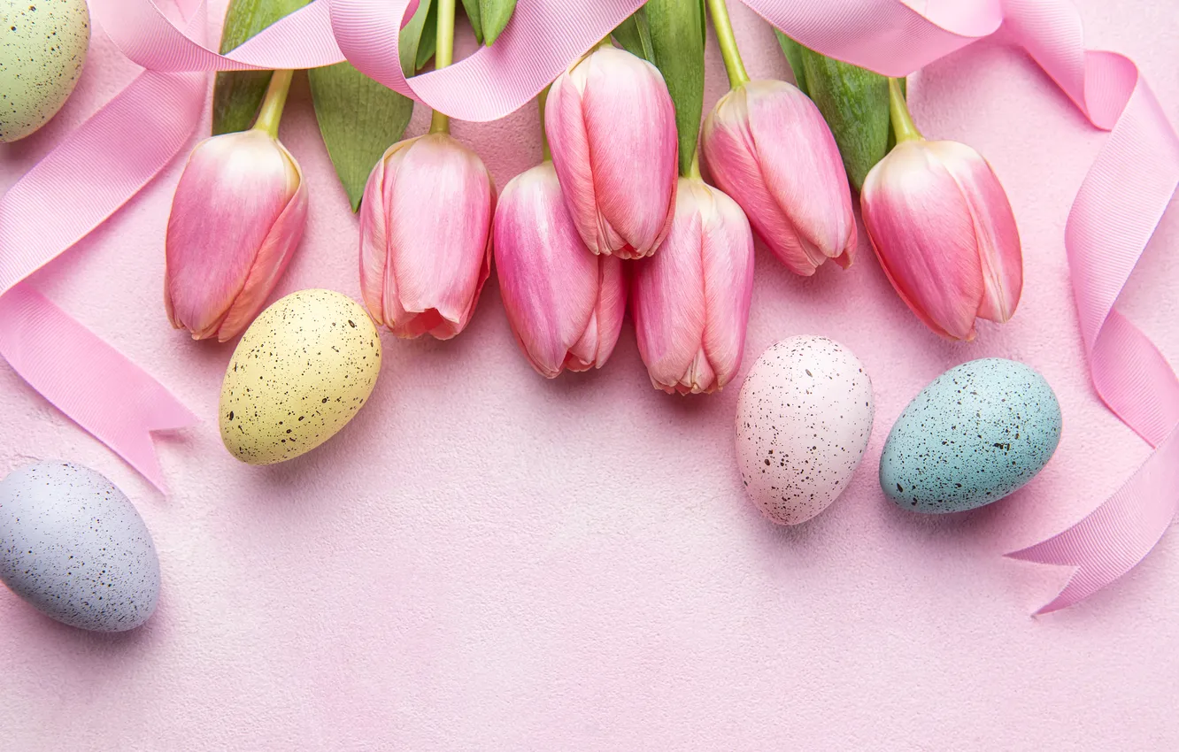 Фото обои цветы, яйца, весна, Пасха, тюльпаны, happy, pink, flowers