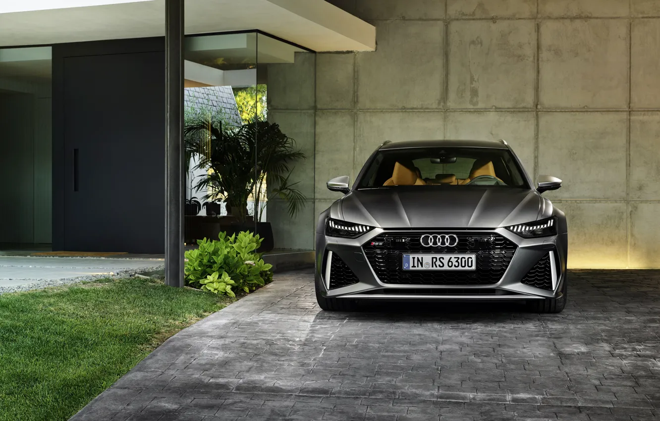 Фото обои Audi, у стены, универсал, RS 6, 2020, 2019, тёмно-серый, V8 Twin-Turbo