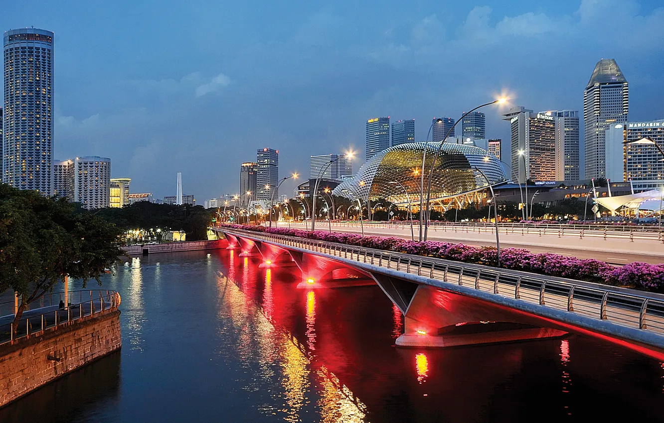 Фото обои мост, огни, дома, вечер, Сингапур, сумерки