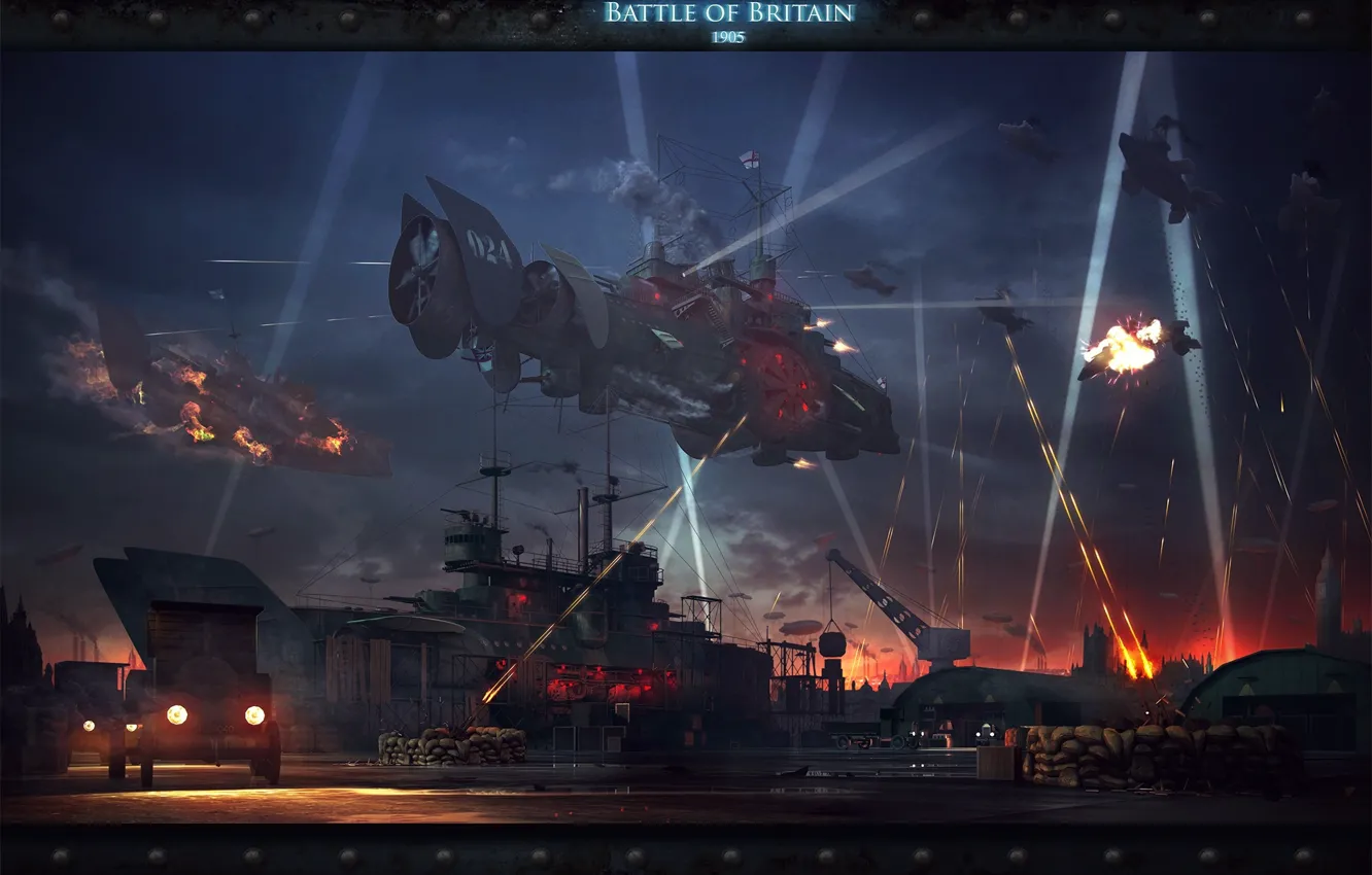 Фото обои ночь, корабль, порт, зарево, Битва за Британию