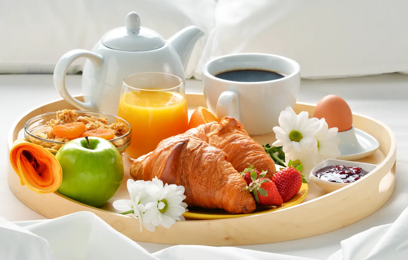 Фото обои ягоды, кофе, яблоко, завтрак, клубника, сок, джем, coffee cup