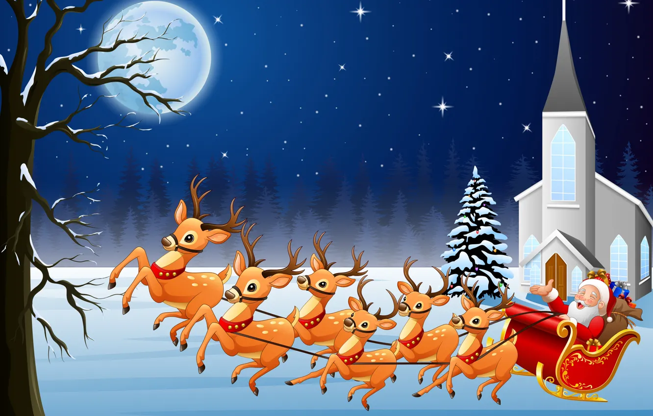 Фото обои луна, Рождество, Новый год, упряжка, сани, олени, Дед Мороз, Санта-Клаус