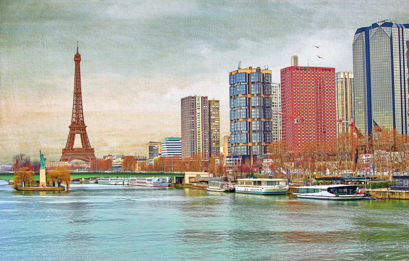 Фото обои небо, мост, река, Франция, Париж, башня, дома, Сена