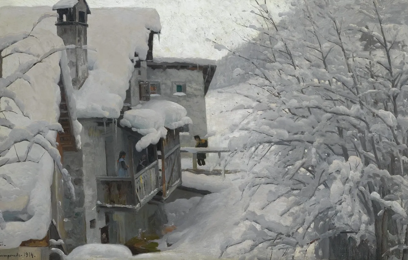 Фото обои зима, снег, пейзаж, дом, картина, Ла-Пунт-Чамуэшч, Петер Мёрк Мёнстед, Peder Mørk Mønsted