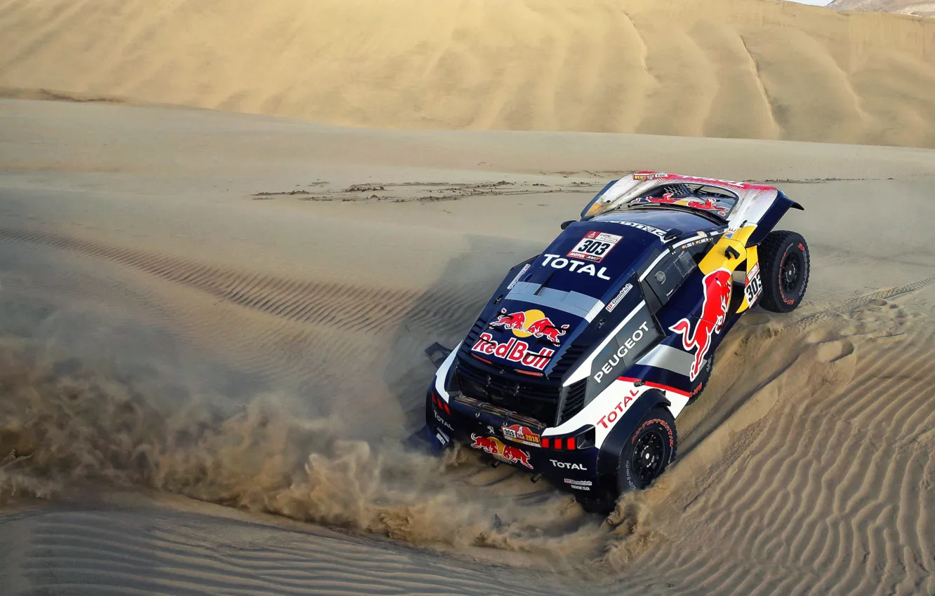 Фото обои Песок, Авто, Спорт, Машина, Скорость, Гонка, Peugeot, Red Bull