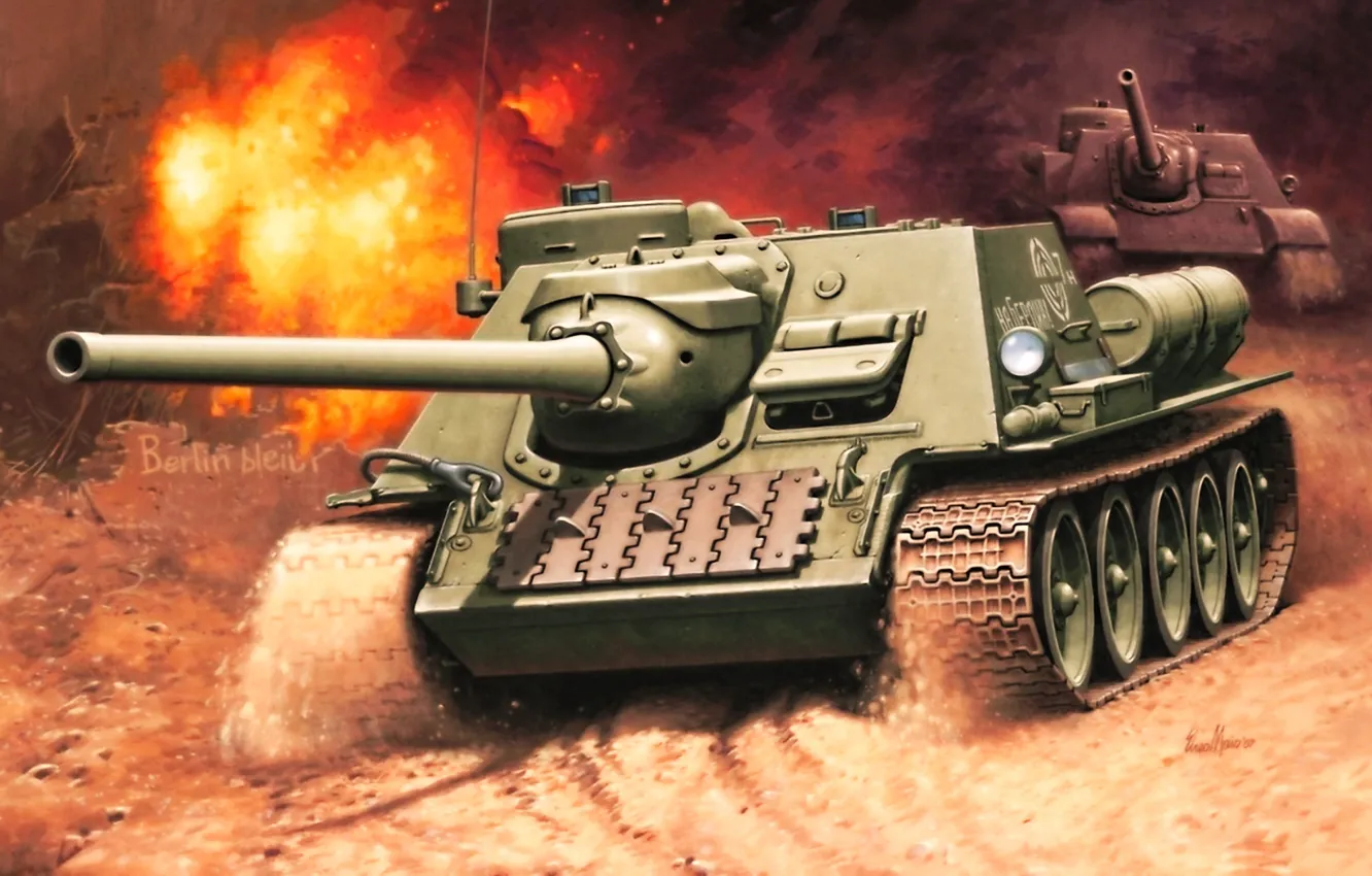 Фото обои рисунок, СССР, вторая мировая, САУ, Enzo Maio, самоходно-артиллерийская установка, истребителей танков, СУ-100