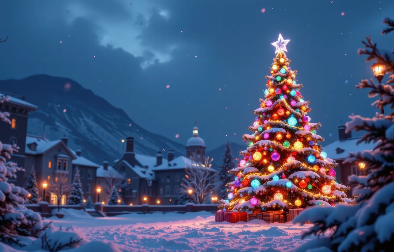 Фото обои зима, шарики, снег, горы, ночь, город, огни, поляна