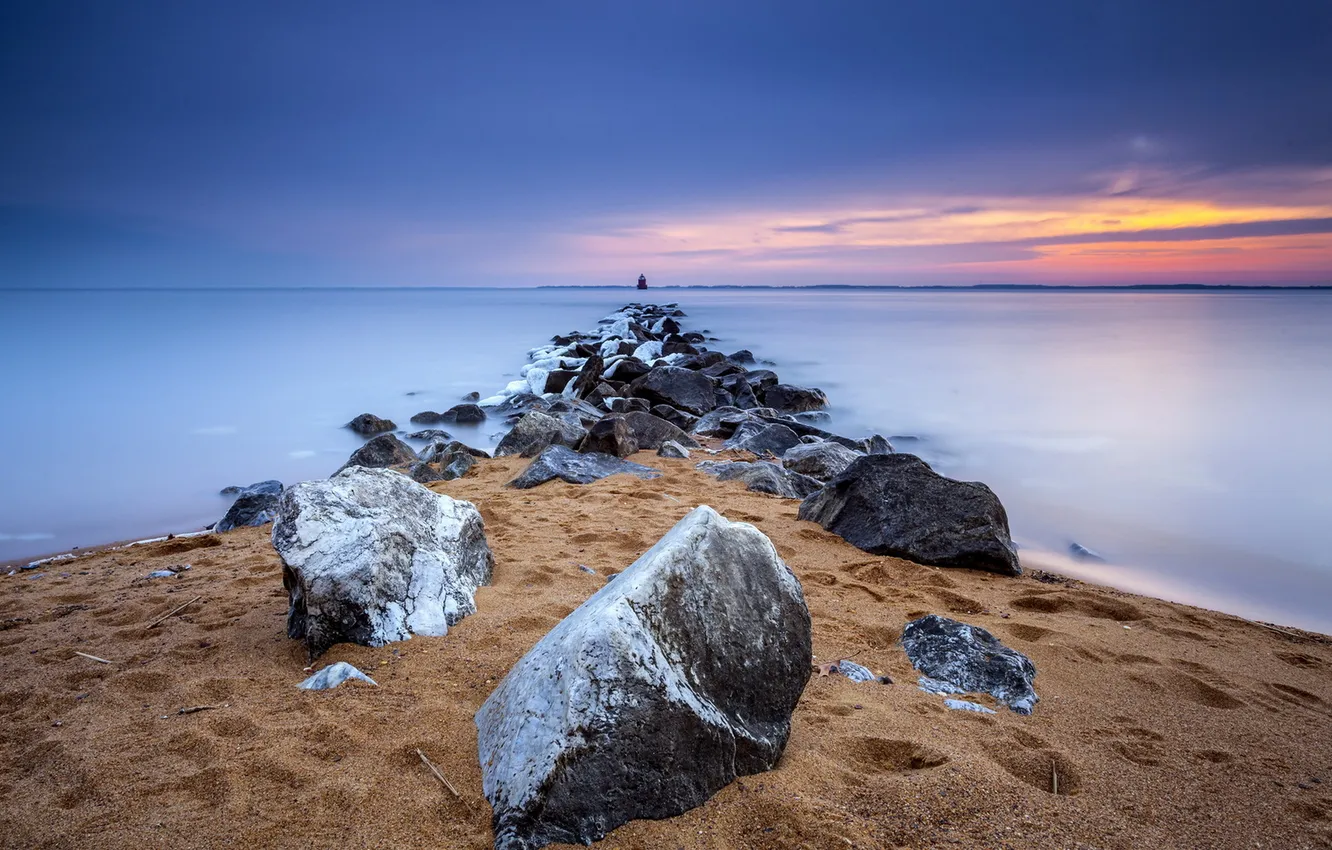 Фото обои море, пейзаж, закат, камни