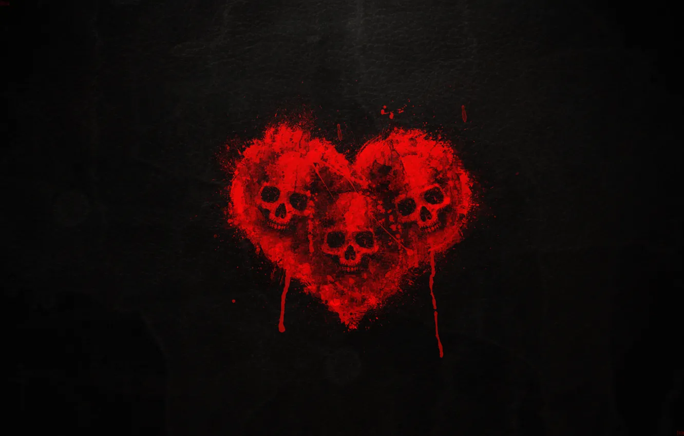 Фото обои кровь, Сердце, Череп, черный фон, Три черепа