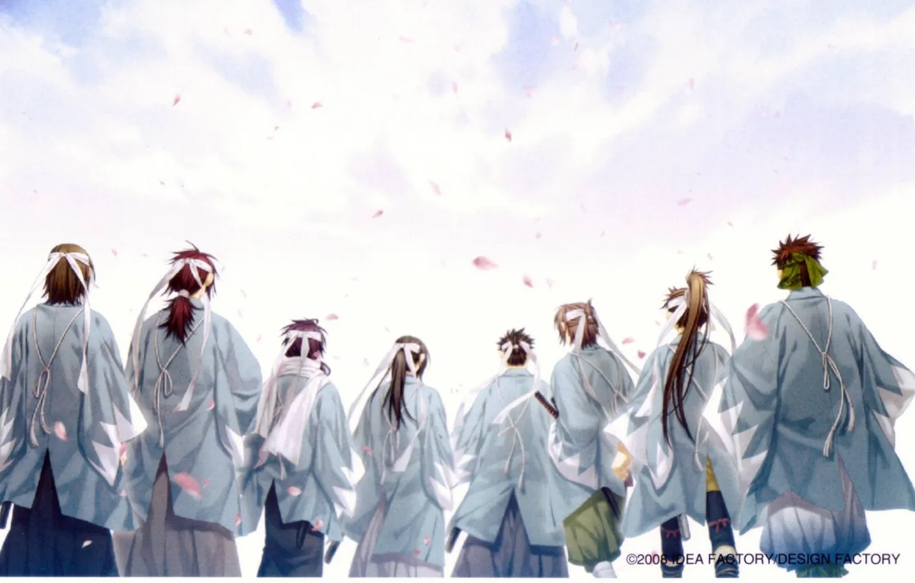 Фото обои небо, спина, повязка, плащ, отряд, самураи, Okita Souji, Saitou Hajime