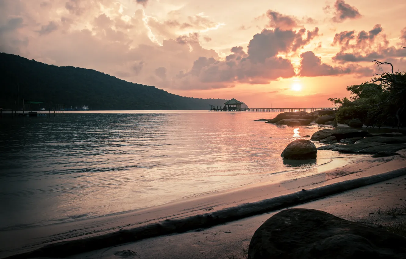 Фото обои beach, sunset, island, sand, shore, pier, vacation, travel