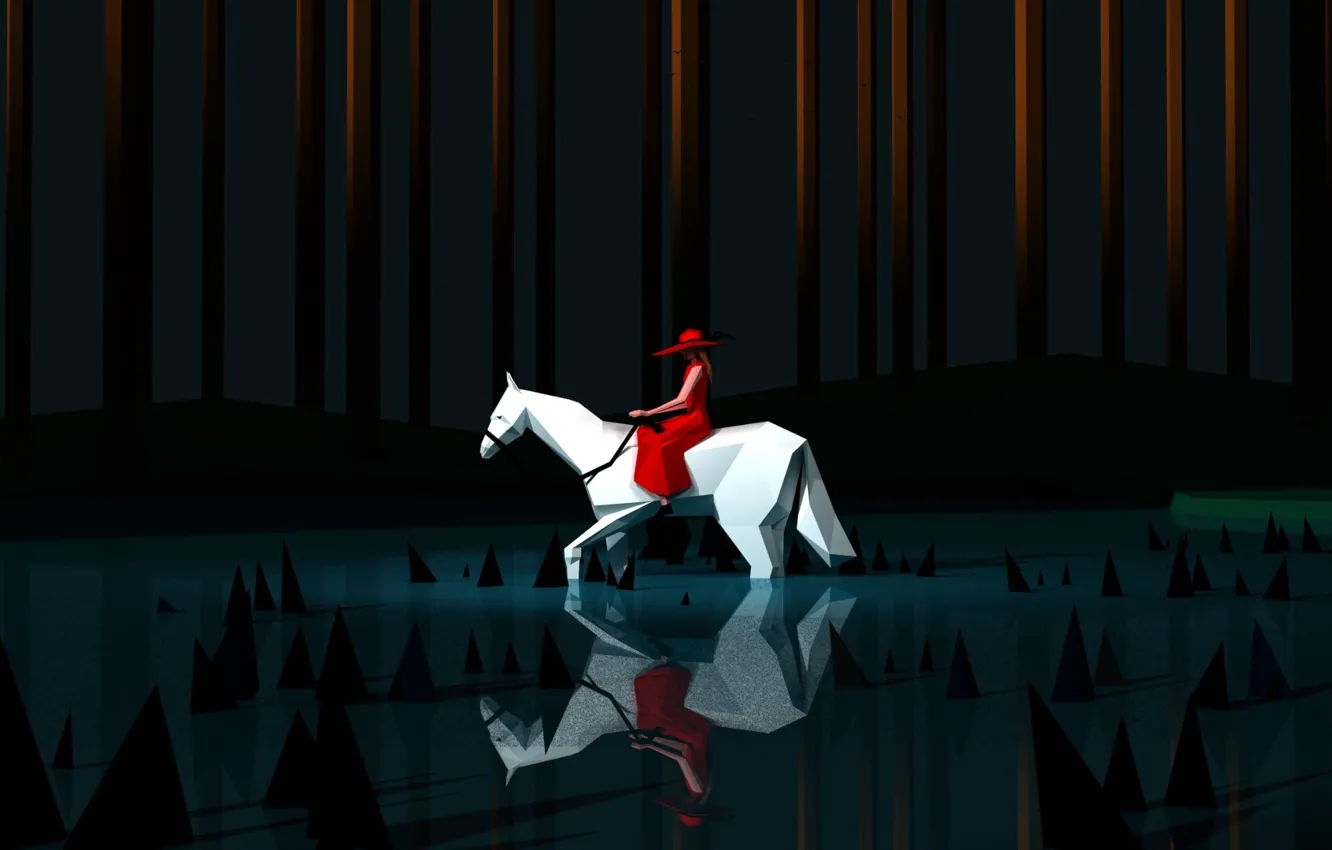 Фото обои Отражение, Девушка, Минимализм, Лошадь, Белый, Лес, Конь, В красном