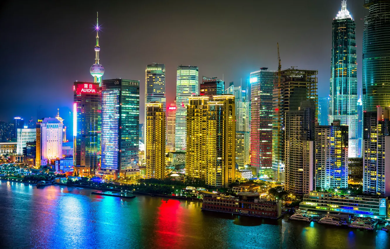 Фото обои река, China, здания, Китай, Shanghai, Шанхай, ночной город, небоскрёбы